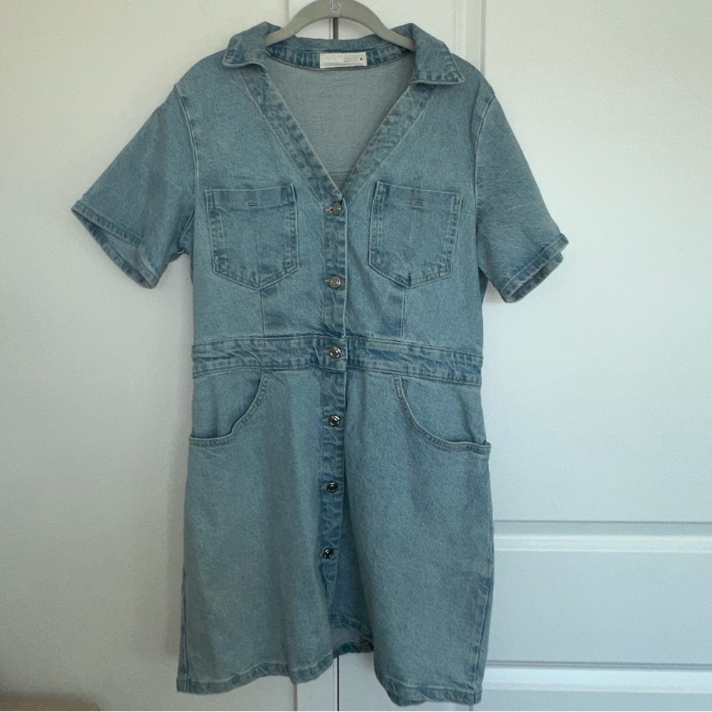 Zara Light Wash Denim Dress XL NWT | Button Front Utility Mini Dress - Picture 3 of 14